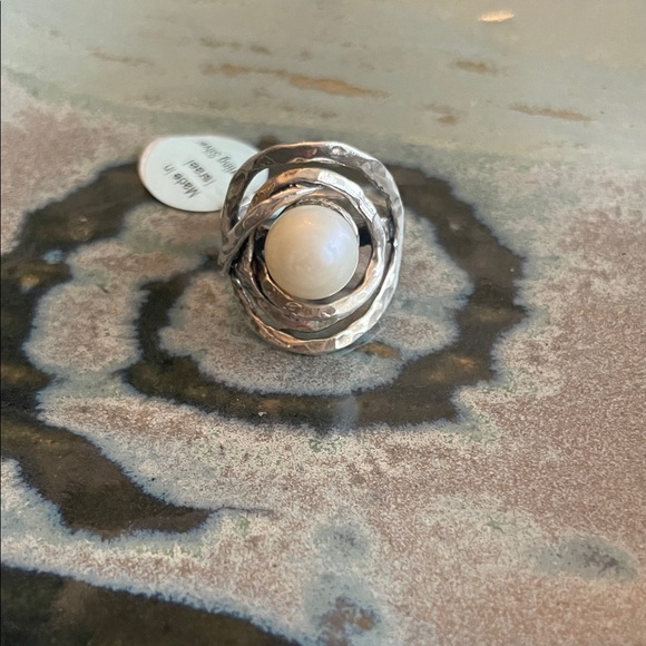 Noa Zuman Jewelry - Noa Zuman (Israel) Hammered Sterling Silver Ring with White Pearl Center Size 7